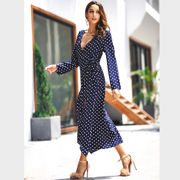 Navy Polka Dot Wrap Maxi Dress Long Sleeves Blue - Picture 6 of 7